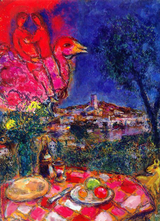 Table dressée avec vue de Saint Paul de Vance contemporain Marc Chagall Peintures à l'huile